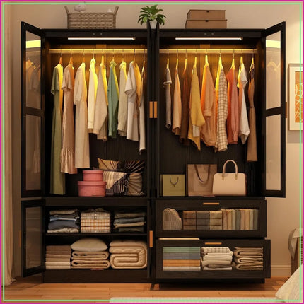 TideRise 4-Door Armoire Wardrobe with LED & Mirror, 71" Black Closet