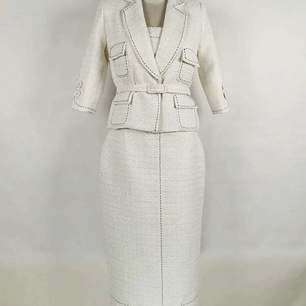 Elegant Women's Autumn 2-Piece Suit with Contrast Lines Belted Jacket and Slim Tweed Dress