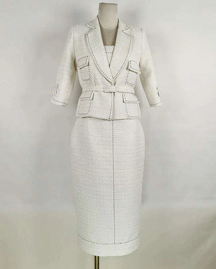 Elegant Women's Autumn 2-Piece Suit with Contrast Lines Belted Jacket and Slim Tweed Dress