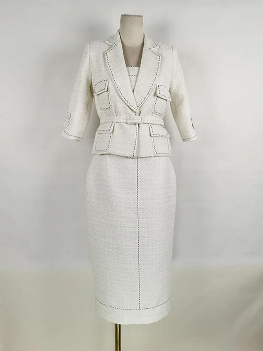 Elegant Women's Autumn 2-Piece Suit with Contrast Lines Belted Jacket and Slim Tweed Dress