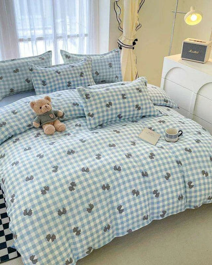 Korean Style Blue Plaid Duvet Cover Set for Kids