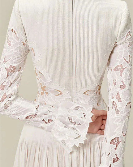 Embroidered Lace Evening Dress with Pleated Flare Sleeves for Women