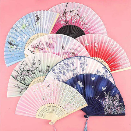 Charming Retro Silk Folding Fan - Exquisite Bamboo Craft for Dance and Home Elegance