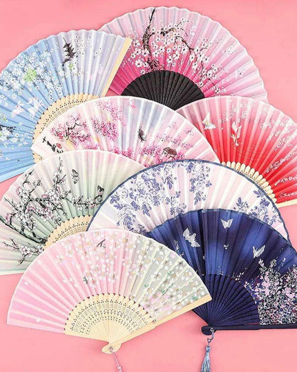 Charming Retro Silk Folding Fan - Exquisite Bamboo Craft for Dance and Home Elegance