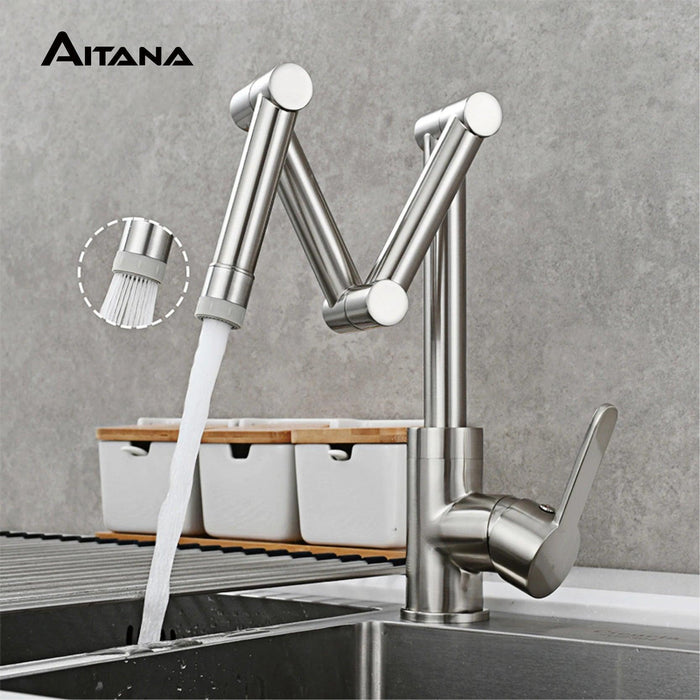 Versatile Brass Kitchen Faucet with Space-Saving Foldable Design