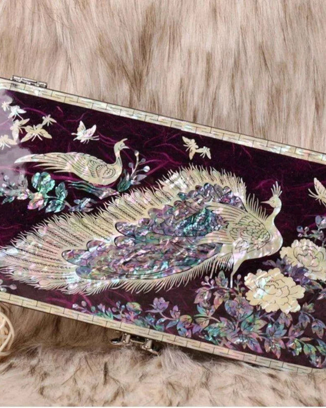 Artisan-Made Mother of Pearl Jewelry Box with Exquisite Peacock Inlay - An Elegant Storage Solution for Your Treasures