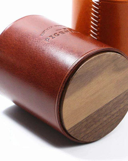 Chic Retro Leather and Walnut Writing Utensil Holder - Classic Elegance
