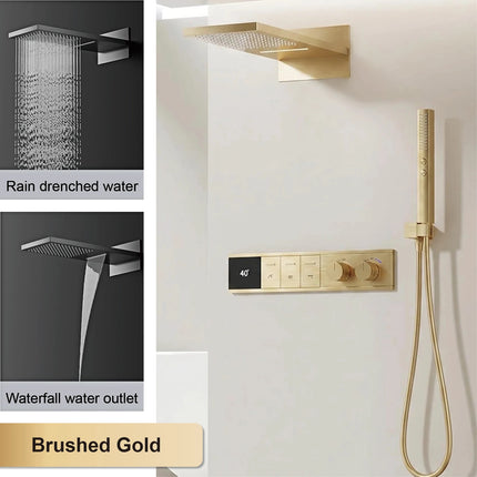 Gun Gray Brass LED Digital Display Thermostatic Shower Set Ceiling Mount Rain Shower Head Adjustable Slide Bar Bathroom Faucet gun-gray-brass-led-digital-display-thermostatic-shower-set-ceiling-mount-rain-shower-head-adjustable-slide-bar-bathroom-faucet