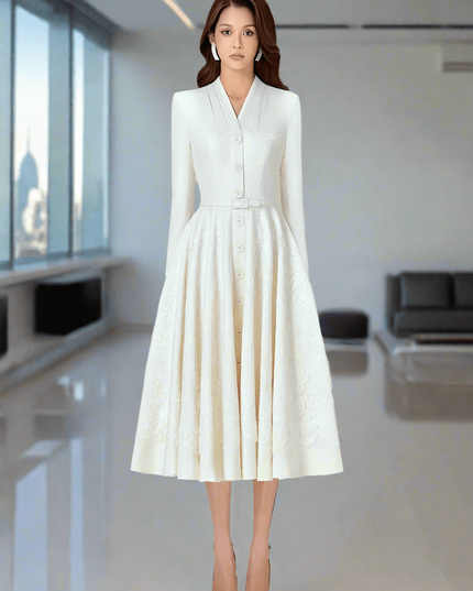 Elegant V-Neck Lace Pleated Belted Evening Gown - Autumn Edition