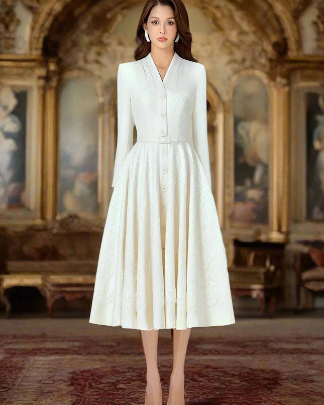 Elegant V-Neck Lace Pleated Belted Evening Gown - Autumn Edition