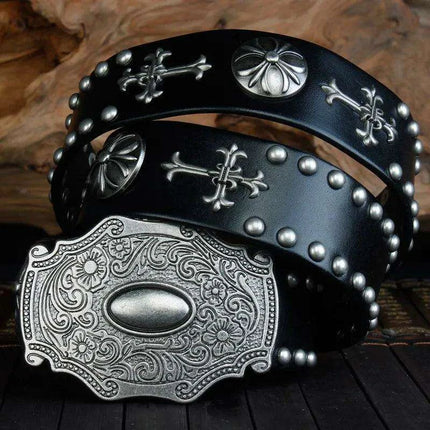 Edgy Punk Rock Men's Leather Belt with Heavy Metal Accents