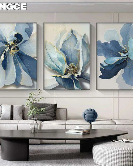 Sophisticated Blue Floral Abstract Canvas Artwork with Gold Leaf Highlights - Modern Scandinavian Home Decor