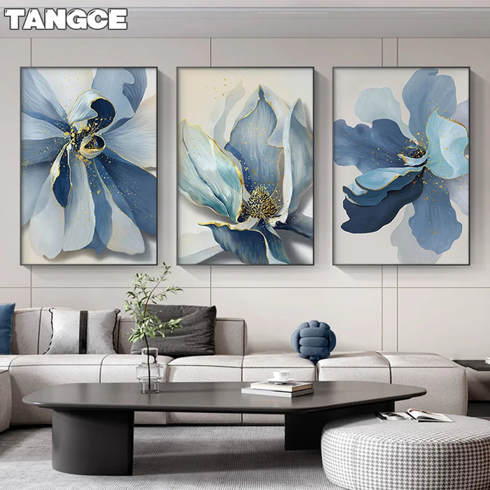 Blue Floral Abstract Art Print with Gold Foil Accents - Elegant Scandinavian Wall Decor Piece