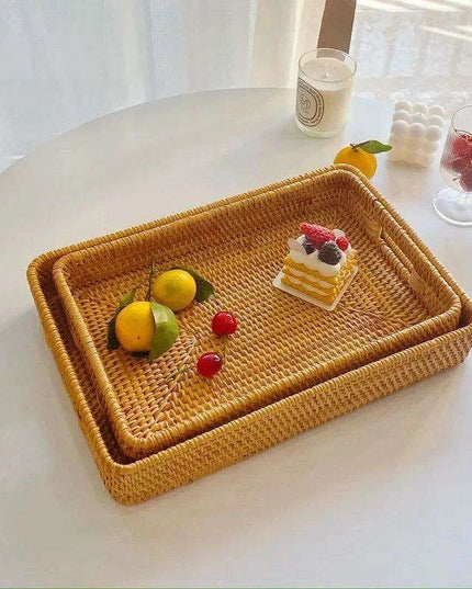 Artisan Woven Rattan Storage Tray for Fruits, Vegetables, and Tea