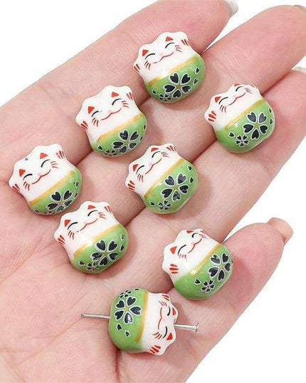 Set of 2 Artisan 14mm Ceramic Lucky Cat Charms for Creative Jewelry Designs
