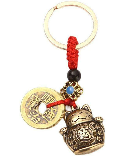 Brass Lucky Cat Keychain with Fortune Coin for Abundant Blessings
