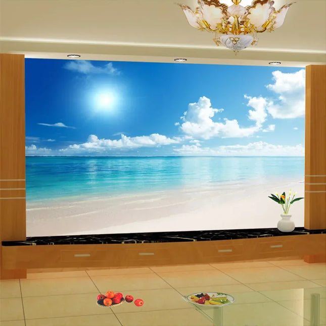 3D Ocean View Mural Wallpaper - Blue Sky & Clouds