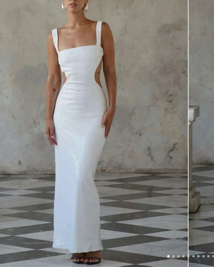 Elegant Silver Backless Maxi Gown - Chic Evening Event Wear