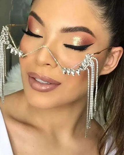 Glamorous Crystal Tassel Rhinestone Half Frame Glasses - Stylish Eyewear for Women