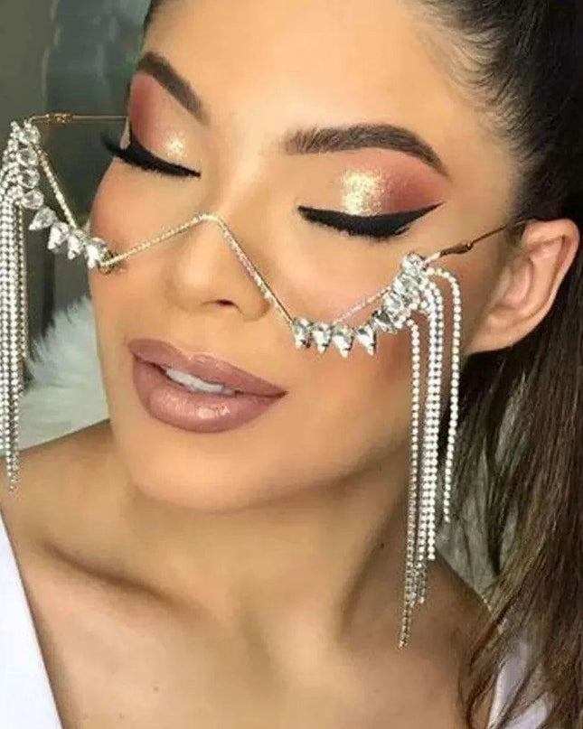 Glamorous Crystal Tassel Rhinestone Half Frame Glasses - Stylish Eyewear for Women