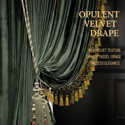 Dark Green Velvet Blackout Curtains with Tassel Trim — Custom Width, 4 Heading Styles | Très Elite