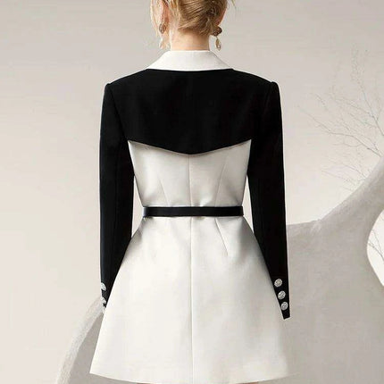 Chic Spring Black and White Business Suit Dress with Niche Waist Design