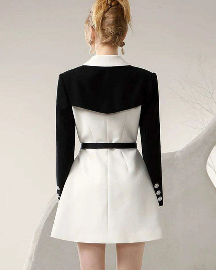 Chic Spring Black and White Business Suit Dress with Niche Waist Design