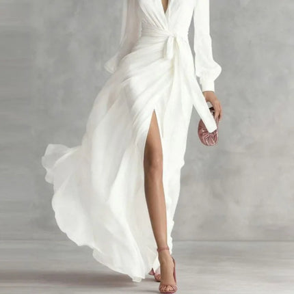 Deep V Neck Long Sleeve Maxi Dress — Wrap Tie Waist, High Slit