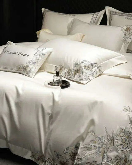 Elegant 1000TC Egyptian Cotton Floral Embroidery Bedding Ensemble with Duvet Cover, Flat Sheet, and Pillow Shams