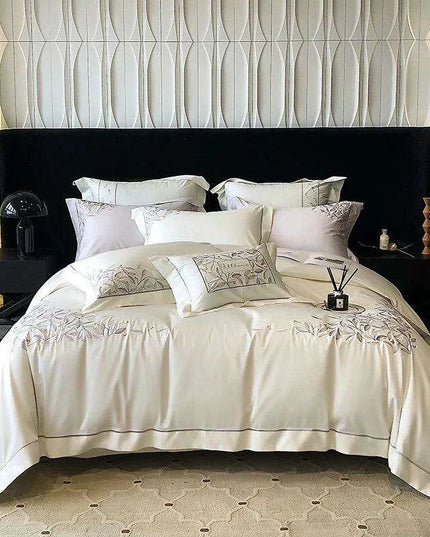 Luxury 1000TC Egyptian Cotton Bedding Set with Leaf Embroidery