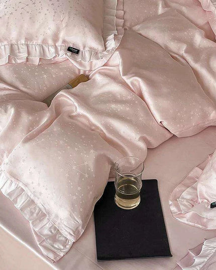 Luxurious Blush Lyocell Silky Princess Bedding Ensemble with Jacquard Ruffles - Duvet Cover, Flat Sheet, Fitted Sheet, and Pillowcases