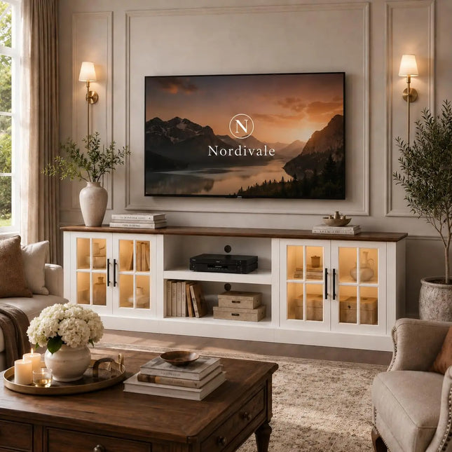 90-Inch Farmhouse TV Stand with Adjustable Shelves and Glass Doors