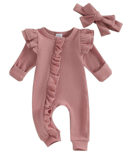 Autumn Ruffled Baby Girl Jumpsuit with Matching Bow Headband - Cozy Solid Color Romper for Newborns 0-12 Months