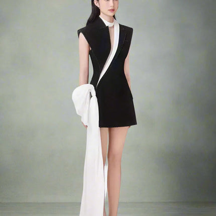 Asymmetrical Summer Dress with Contrast Ribbon Bow