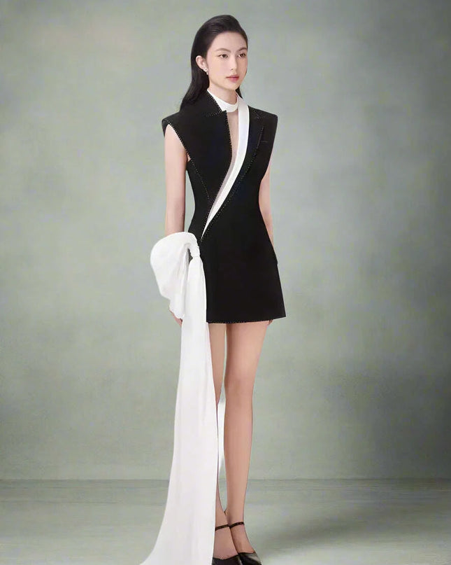 Asymmetrical Summer Dress with Contrast Ribbon Bow