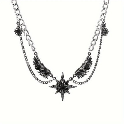 Gothic Reliquary Men's Wing Design Stainless Steel Necklace with Zirco