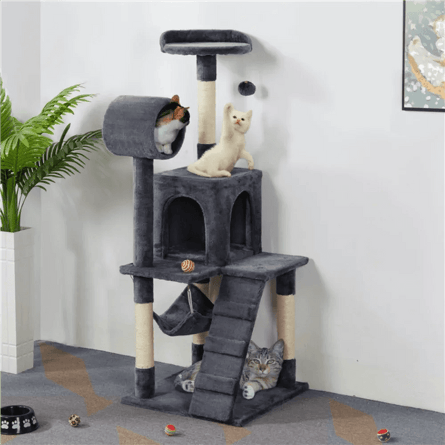 Premium Charcoal Grey Cat Tower Playground with Interactive Features - Ultimate Feline Retreat