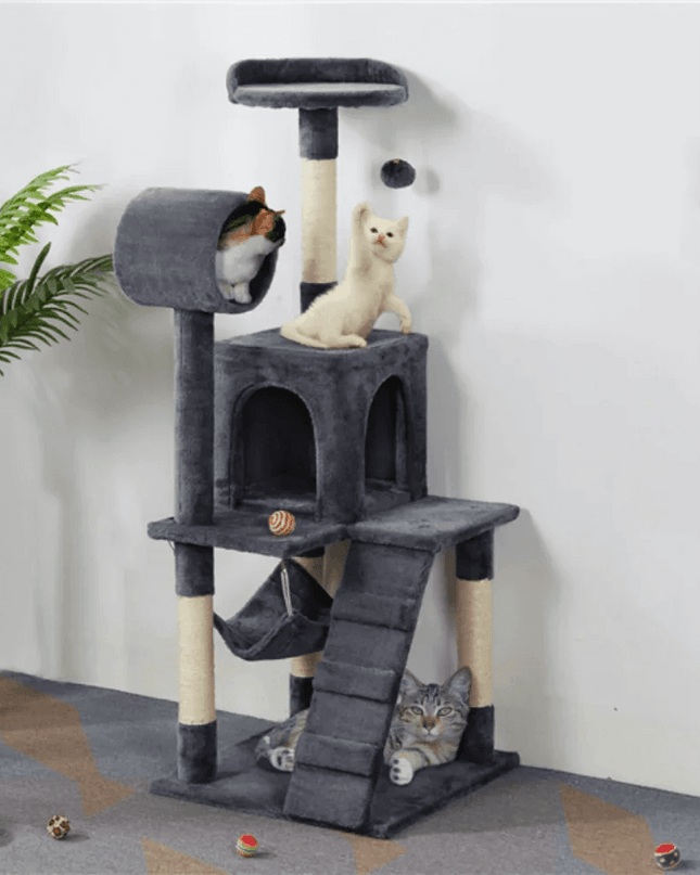Premium Charcoal Grey Cat Tower Playground with Interactive Features - Ultimate Feline Retreat