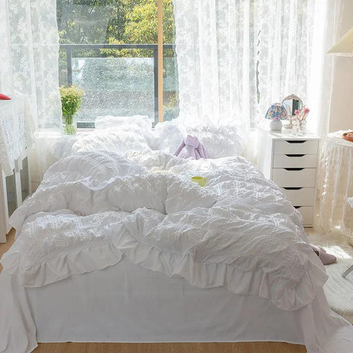 Princess White Ruffled Seersucker Bedding Set for Girls