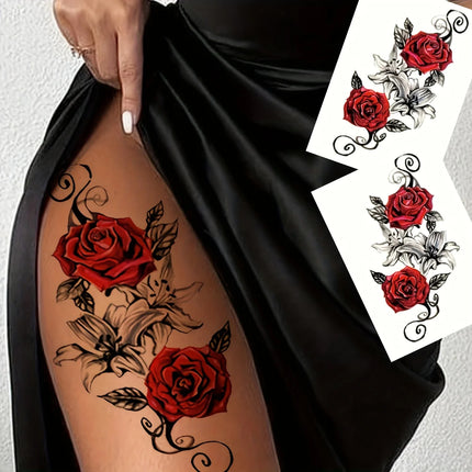 2pcs Red Temporary Rose Flower Arm & Leg Tattoo Stickers, Stripper Chest & Thigh Design, Waterproof, Perfect for Women 2pcs-red-temporary-rose-flower-arm-leg-tattoo-stickers-stripper-chest-thigh-design-waterproof-perfect-for-women