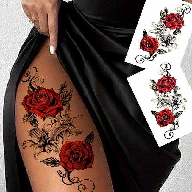 Rose Floral Temporary Tattoo Stickers - 2 Pieces, Monochrome