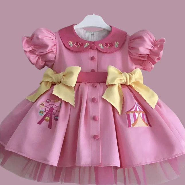 Delightful Vintage Pink Dress for Baby Girls with Enchanting Ferris Wheel Embroidery - Perfect for Celebrations and Photoshoots (0-12Y)