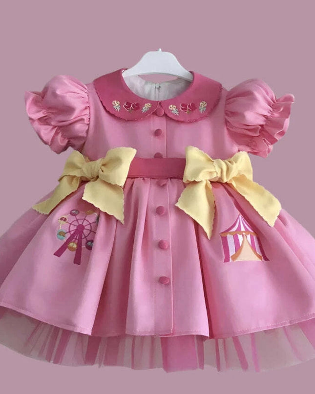 Delightful Vintage Pink Dress for Baby Girls with Enchanting Ferris Wheel Embroidery - Perfect for Celebrations and Photoshoots (0-12Y)