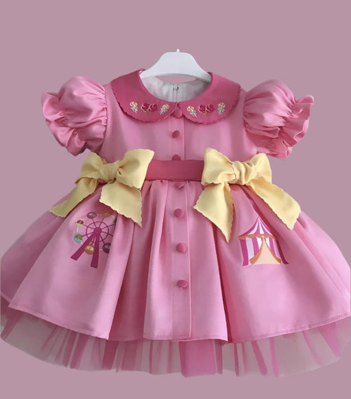 Delightful Vintage Pink Dress for Baby Girls with Enchanting Ferris Wheel Embroidery - Perfect for Celebrations and Photoshoots (0-12Y)