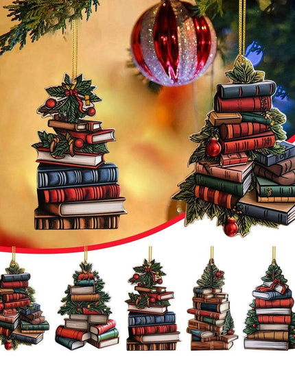 Literary Delight Christmas Ornament Set with Book-themed Acrylic Decor