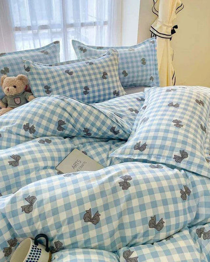 Korean Style Blue Plaid Duvet Cover Set for Kids