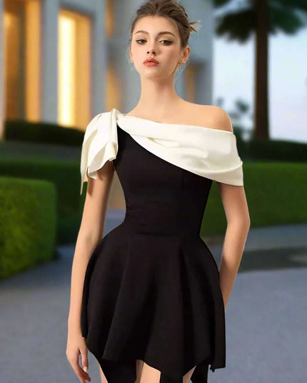 Chic Contrast Color Bowknot Mini Dress with Irregular Slash Neck for Women - DEAT Summer Collection 2024