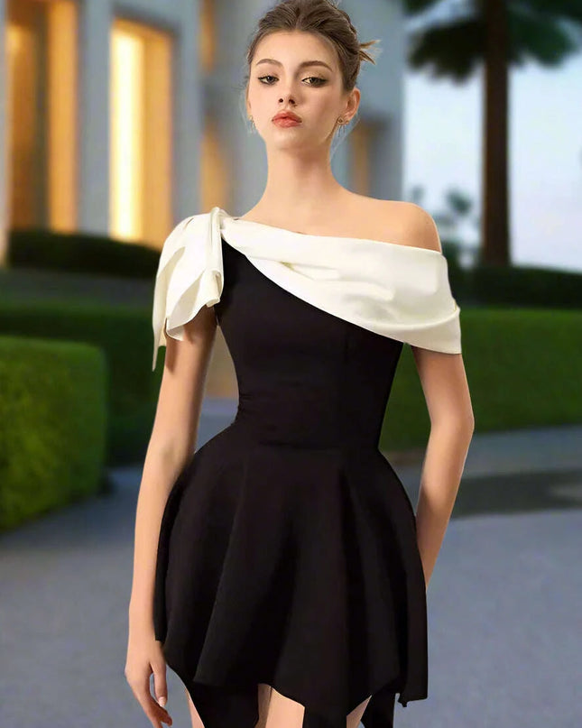 Chic Contrast Color Bowknot Mini Dress with Irregular Slash Neck for Women - DEAT Summer Collection 2024