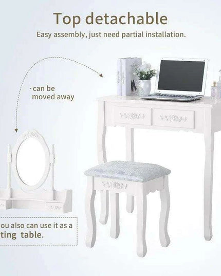 Chic White Vanity Set with Adjustable Mirror and Ample Storage Drawers