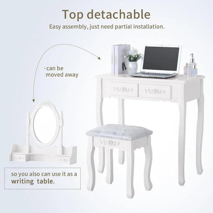 Chic White Vanity Set with Adjustable Mirror and Ample Storage Drawers